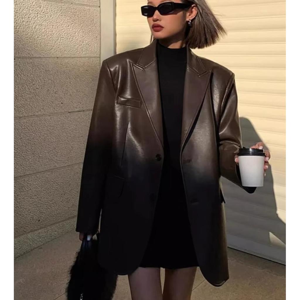 Женский черный коричневый мягкий ПУ блейзер с подплечниками, длинный рукав, однобортный свободный повседневный пиджак, топы, корейское модное пальто