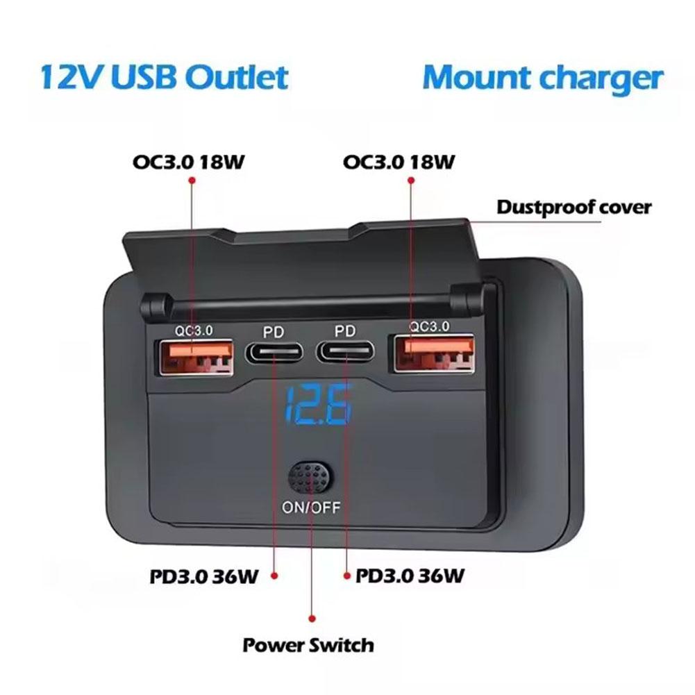 12-24В 4-портовый автомобильный USB-адаптер-розетка 108 Вт USB-C панель розетки настенный монтаж со светодиодным вольтметром для автобуса, дома на колесах, лодки, автомобиля, грузовика