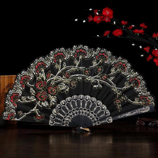 Bronzing Golden Glitter Folding Fan Elegant Plastic Floral Pattern Handheld Fan for Lady Dance Decor