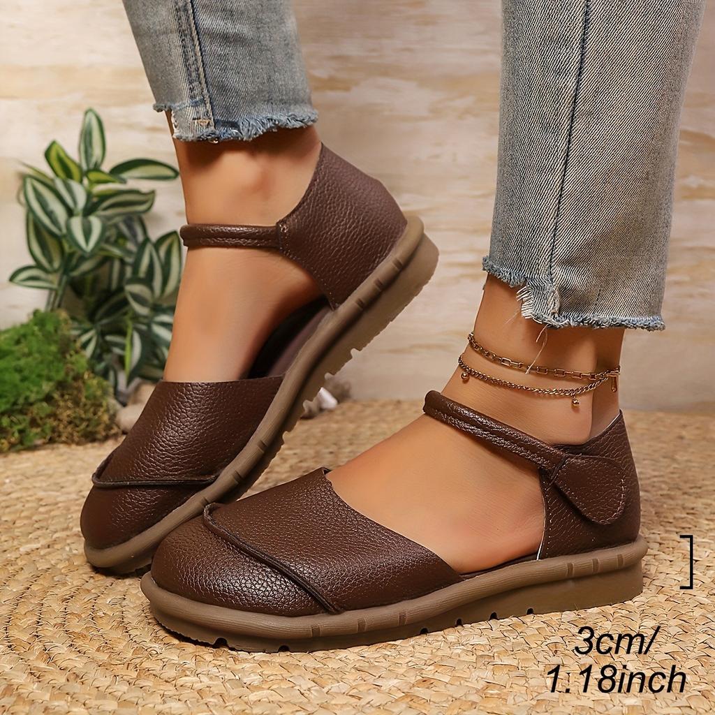 Ladies Mary Jane Flat Dance Lace Adjustable Velcro Closure - Round Head Casual Shoes, Comfortable Brown Single Shoes for All Seasons, Daily Dressing