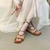 Модные летние новые квадратный носок открытый носок шнуровка шлепанцы модные мелкий вырез римские дышащая сетка плоская подошва сандалии женские