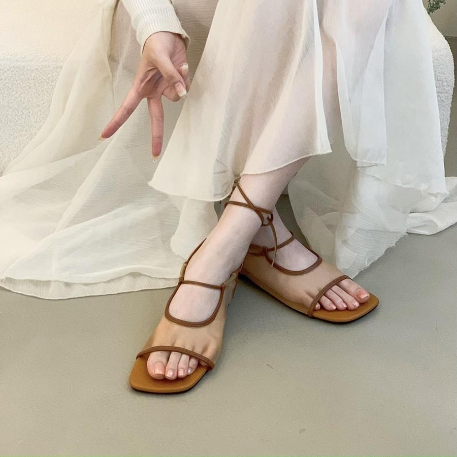 Модные летние новые квадратный носок открытый носок шнуровка шлепанцы модные мелкий вырез римские дышащая сетка плоская подошва сандалии женские