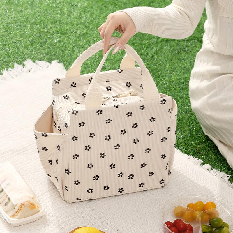 Corduroy Lunch Bag Thermal Insulation Lunch Box Storage Handbag Multifunctional Kids School Lunch Bag Picnic Food Pouch