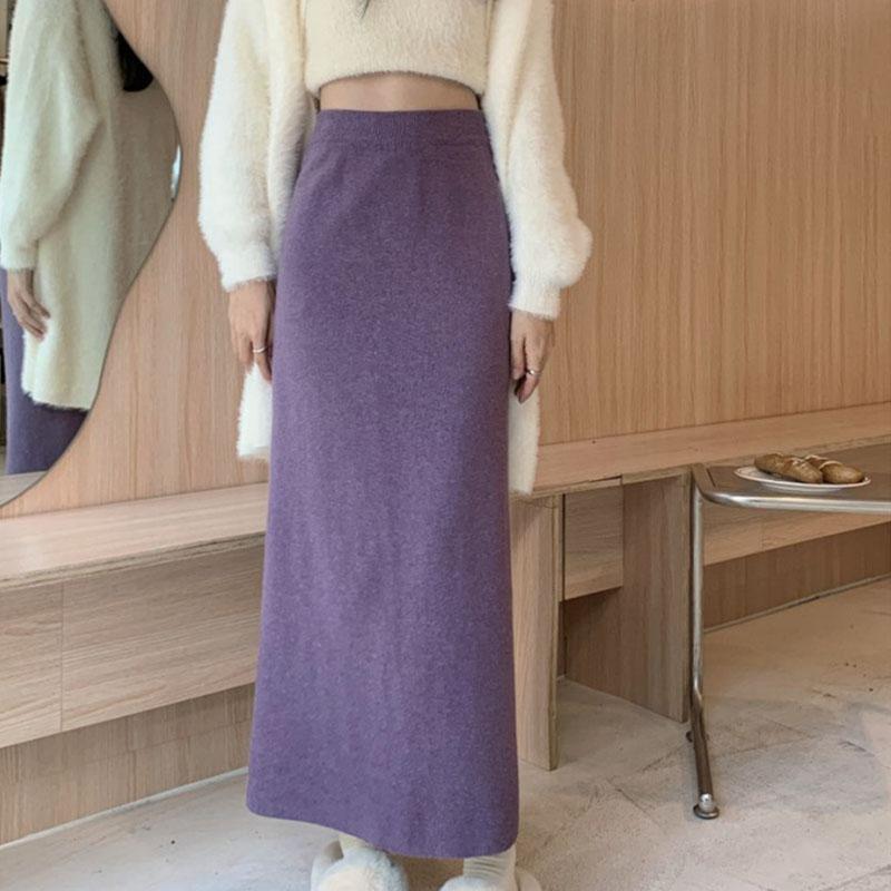 Autumn and Winter Sweater Skirt Elastic Waist Slim A-line Straight Sleeve Knitted Half Skirt Women Split High Waist Skirt Female