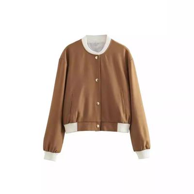 2024 Куртка-бомбер байкерского стиля с воротником-стойкой, цветными блоками и двойными карманами