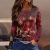 Women's Fashion Casual Slit Hem Round Neck Long Sleeve Loose Christmas Printed T-Shirt Ladies Top