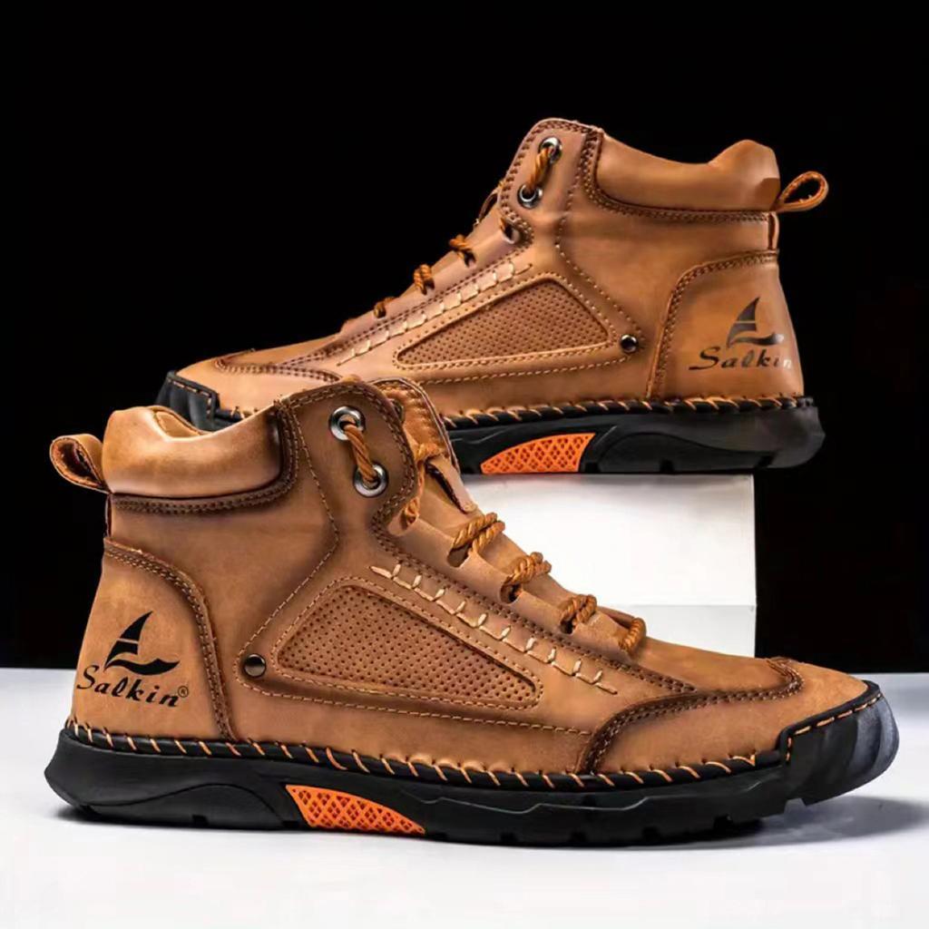 Men's Large Size Handmade Vintage Boots, Fashionable Lace-Up High-Top Casual Shoes, Spring and Autumn Outdoor Hiking and Trekking Boots