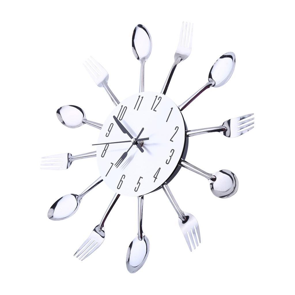 Большая 3D зеркальная поверхность серебряный современный дизайн столовые приборы кухонная утварь ложка вилка настенные часы своими руками