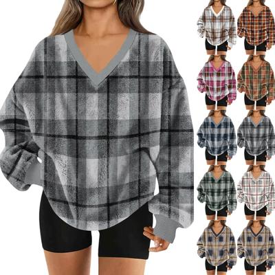 Женский свитшот с V-образным вырезом, плюшевый, однотонный, повседневный, модный, с длинным рукавом, с карманами, пуловер