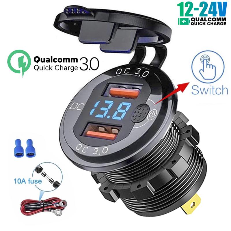 Зарядное устройство USB типа PD C/QC 3.0 с выключателем, адаптером розетки, водонепроницаемым для 12 В 24 В автомобиля, грузовика, лодки, автофургона, мотоцикла