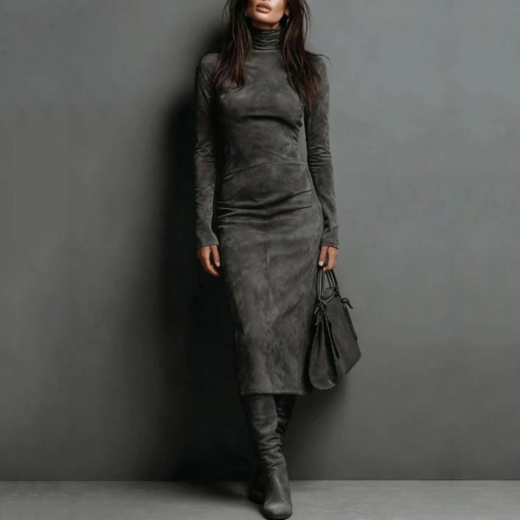 Женское плиссированное бархатное супердлинное платье с длинным рукавом и высоким воротом, облегающее длинное платье, модное однотонное платье