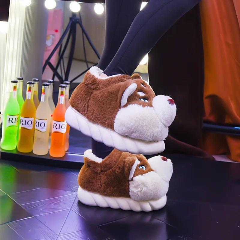 Fashion Women Indoor Cotton Slippers Cute Cartoon Dog Winter Warm Shoes Couples Home Floor Slides Anti-slip Female Male House Footwear
