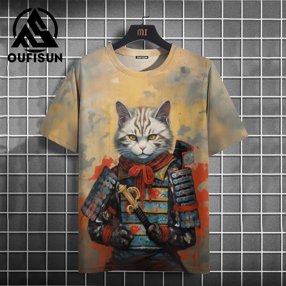 Men's Animal T-Shirt Japanese Samurai Cat Element Graphic 3D Print T-Shirt