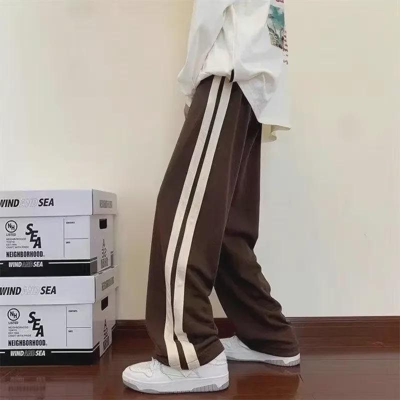 Осенние мужские спортивные штаны в гонконгском стиле, прямые, с полосками по бокам
