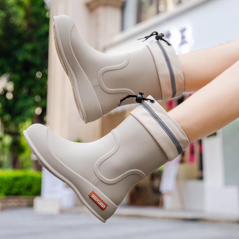 Fashion Women's Mid-Barrel Rain Boots Upgraded Thickened Drawstring Mouth Rain Boots Wear-Resistant Non-slip Comfortable Water Shoes Outdoor Rain Bo