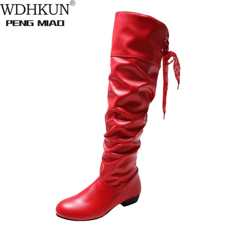 Модные женские сапоги, весенние сапоги, женские эластичные туфли из искусственной кожи, женские, черные, красные, белые, рома, длиной до колена