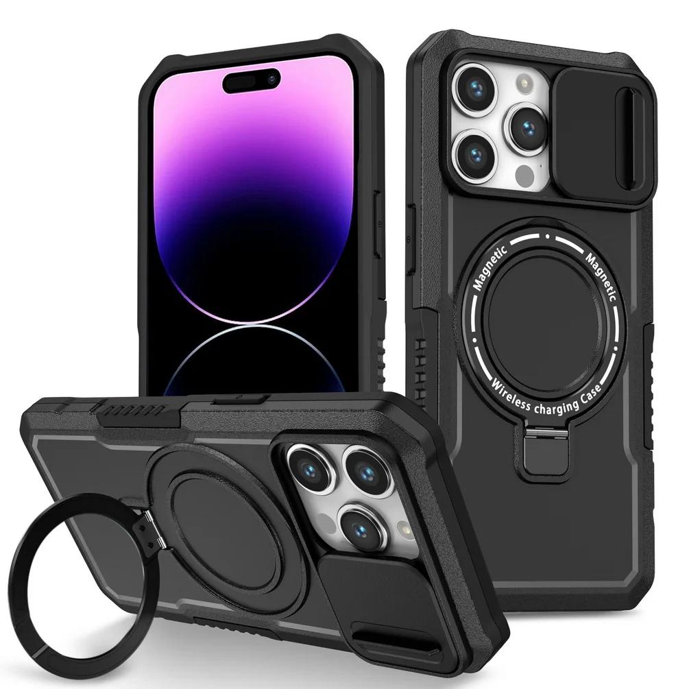 Чехол Magsafe с магнитной адсорбцией для iPhone 15 Pro Max iPhone14 Plus 13 Pro 12 11 Pro, металлический держатель, выдвижная защитная крышка для камеры