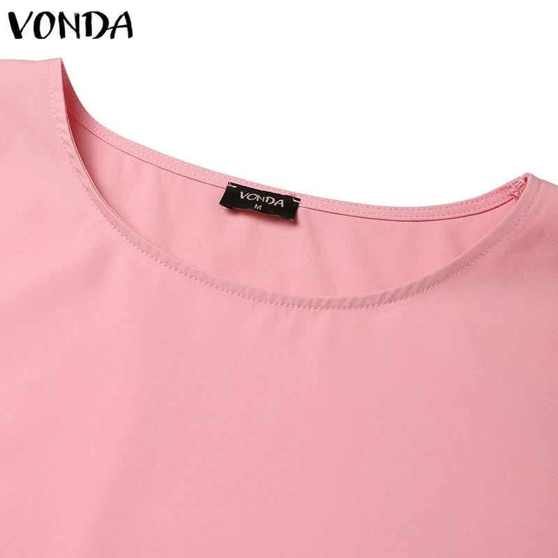 VONDA Женская летняя повседневная однотонная свободная блузка с круглым вырезом и жемчугом в виде листьев лотоса и короткими рукавами