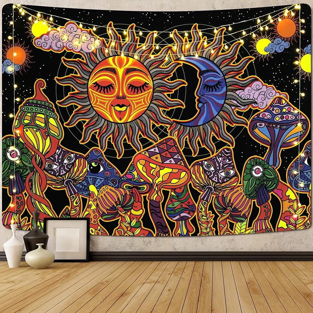 Burning Sun Tapestry Vintage Floral Psychedelic Mushroom Room Decor Aesthetic Plants And Leaves Tapestries Mystic Hippie Cloth