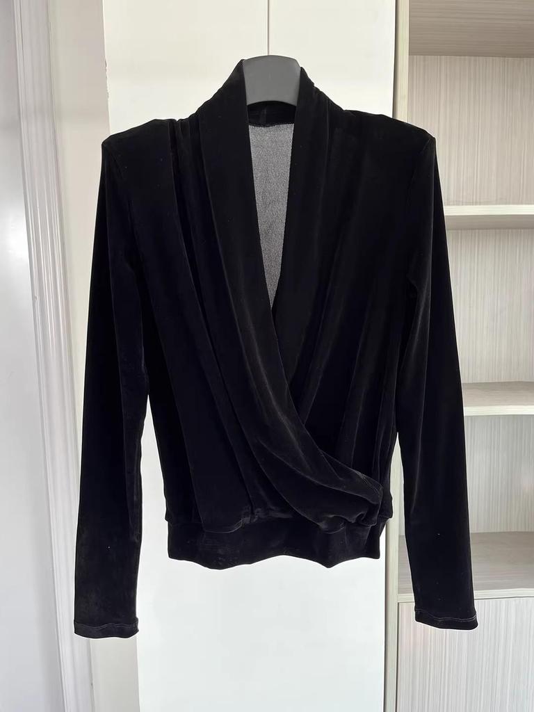 Velvet V-neck Crossover Long-Sleeve Women's Top - Autumn/Winter Slimming Versatile Layer