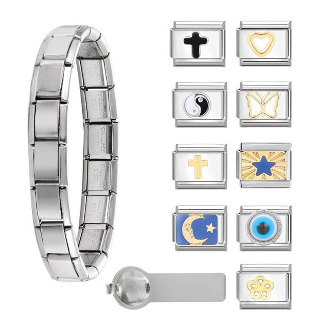 Stainless Steel Italian Style Charms Artisanal Italian Charm Bracelet Set Sturdy Links with Easy To Use Opening Tools