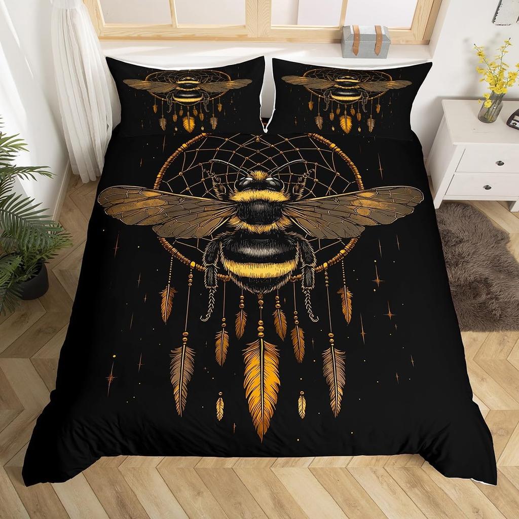 Bee Duvet Cover Twin Honeybee Bedding Set Farmhouse Wild Animal Comforter Cover Boho White Daisy Flowers Floral Wreath Bed Set