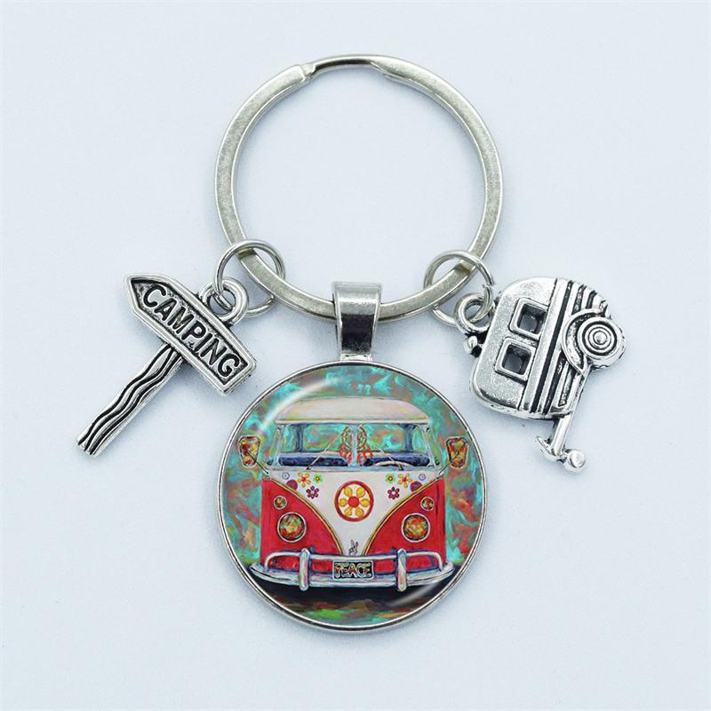 Cute Camper Wagon Keychain, I Love Camping Keychain, Trailer Signpost Keychain, Vacation Travel Memorial Jewelry Gifts