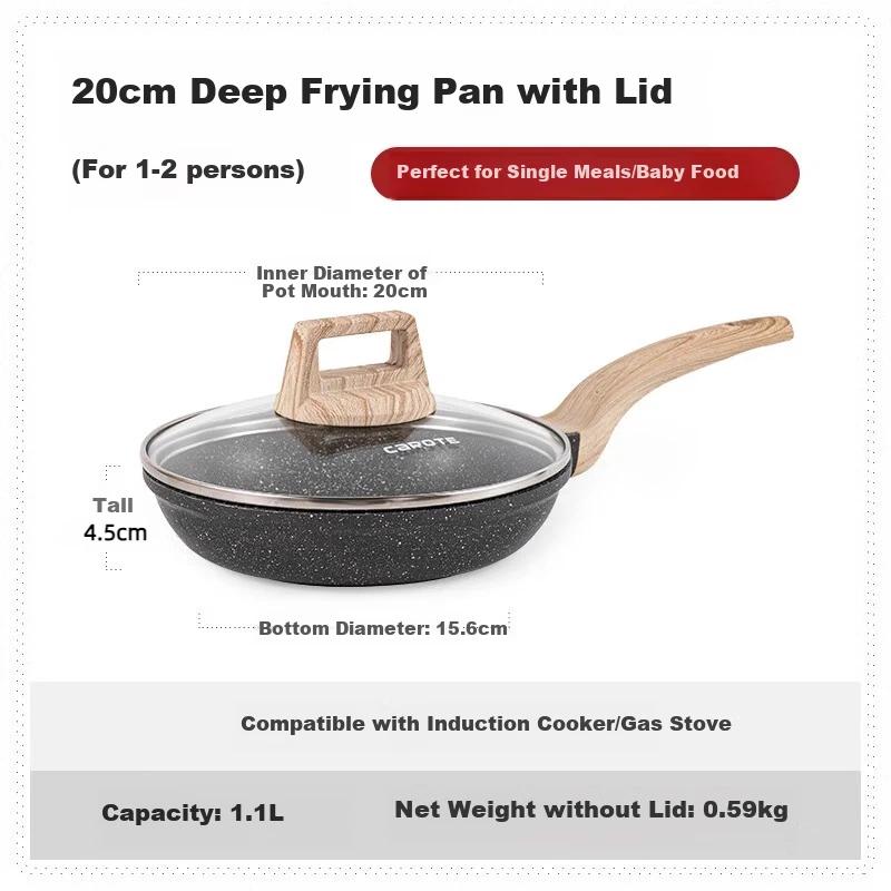 Carote Flat-Bottom Pan, Steak Griddle, Non-Stick Pan, Titanium Pan, for Induction Cooker, 20cm, with Lid, Black