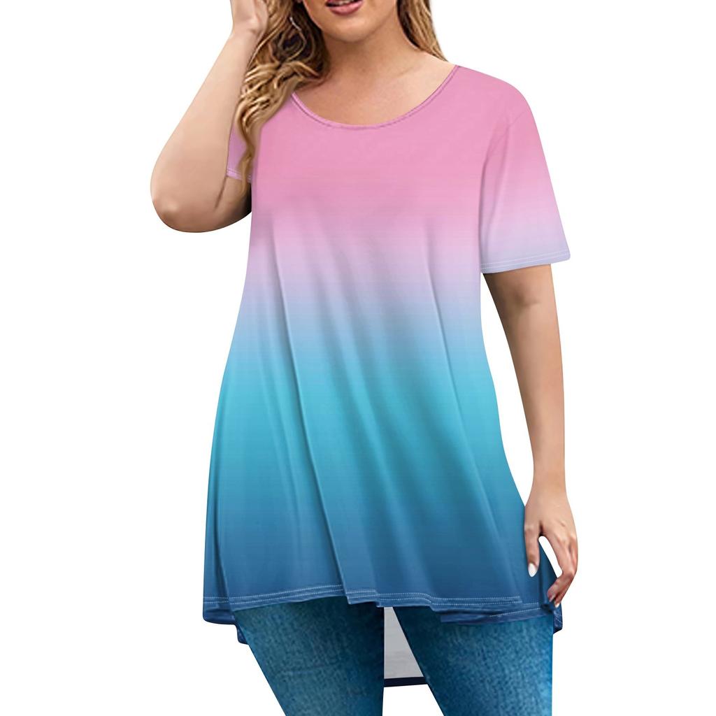 Women's Fashion Large Size Round Neck Short Sleeve Casual Print Loose Pullover Top