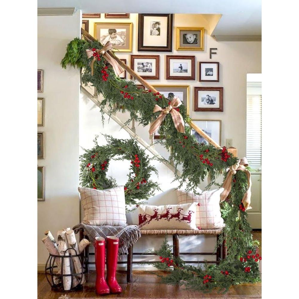 Christmas Garland 6FT Artificial Cedar Pine Garland Realistic Winter Greenery with Red Berries Garland for Christmas Party Xmas Table Mantle Wall Room