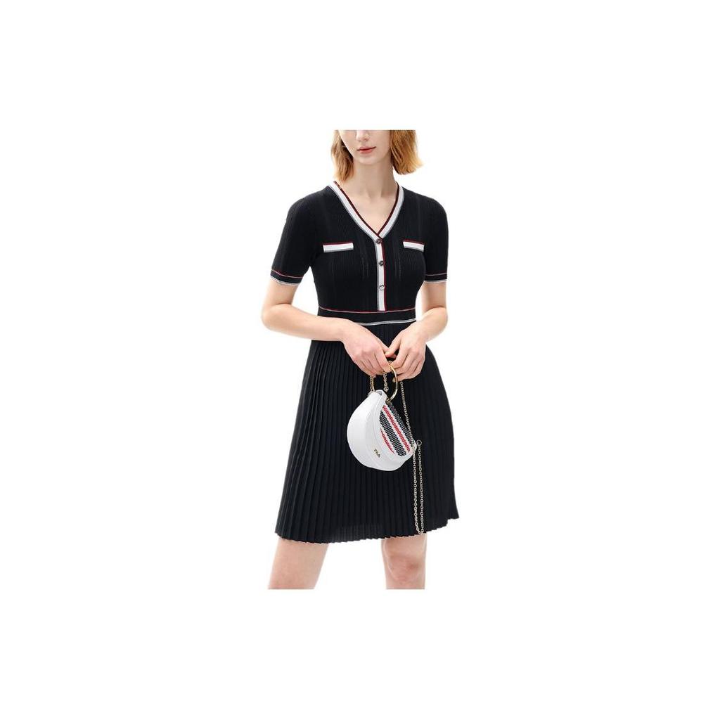 Fila Серия Modern Heritage Французская классика Однотонное Платье-пуловер с V-образным вырезом и короткими рукавами средней посадки Женские платья Легендарно-синий F11W331399A-NV