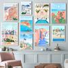 Nordic Aegean Sea Morocco Canvas Painting Girl Travel Landscape Wall Art Blue Ocean Poster Living Room Home Decoration Cuadros