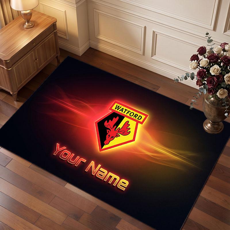 Watford FC Custom Crystal Velvet Rug, Personalized Name Text Print, Football Logo Soft Non‑Slip Floor Mat Home Decor Gift