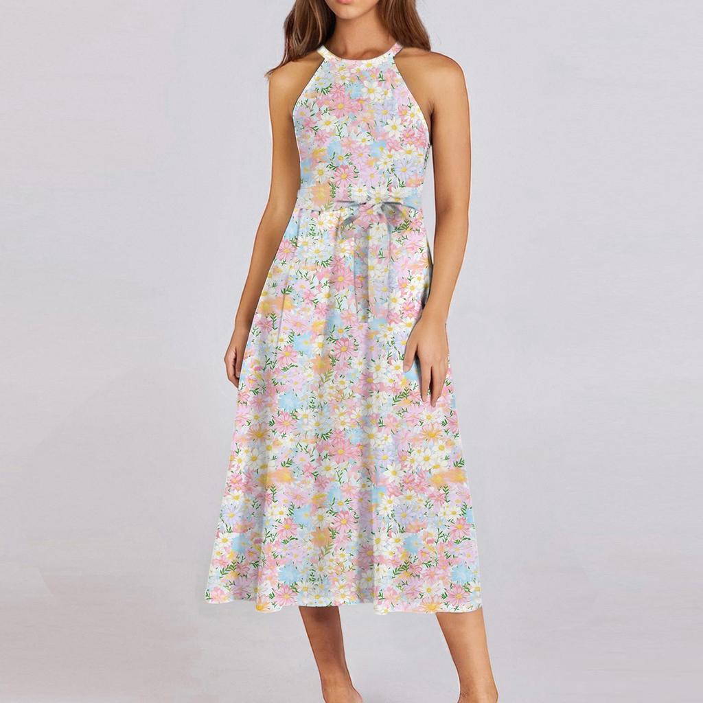 Женское повседневное платье миди с круглым вырезом, классическое, повседневное, без рукавов, свободное платье в стиле бохо с завязками, летний пляжный сарафан