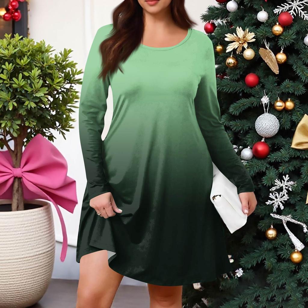 Женское повседневное платье большого размера с градиентным принтом, карманом, круглым вырезом и длинными рукавами, для весны/осени