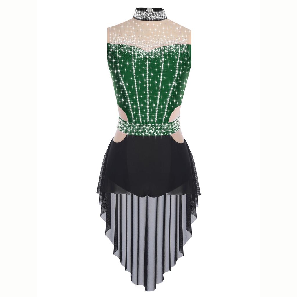 Women Lyrical Dance Dress Mock Neck Sleeveless Backless Shiny Rhinestones Color Block Mesh Skirted Leotard