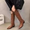 Woman Cowgirl Boots Slip On Ladies Elegant Square Low Heel Knee High Boots Shoes Women's Winter Footwear