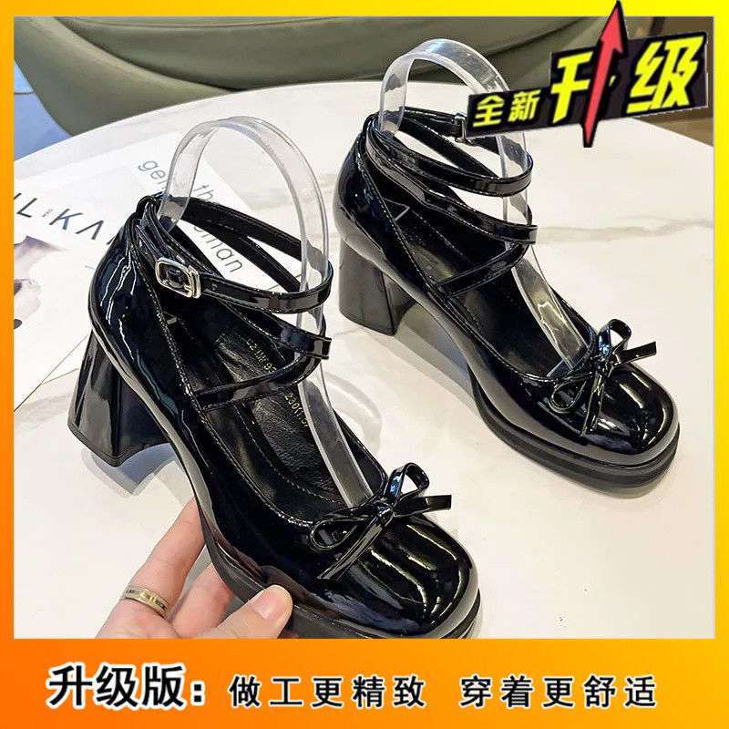 Cross-strap Bow Mary Jane Shoes British Style Small Leather Shoes Women's 2025 Spring New High-heeled Thick-heeled Single Shoes