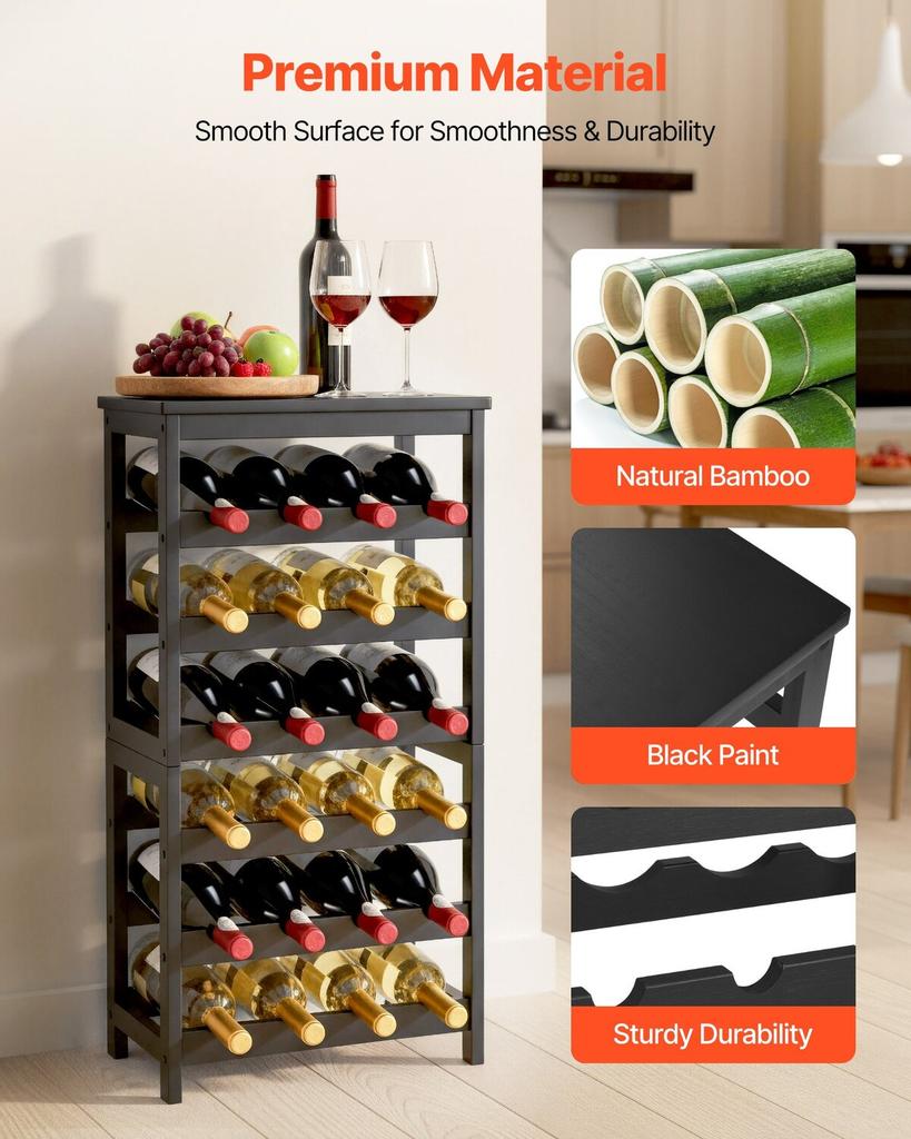 24 Bottle Detachable Wine Rack, 6-Tier Wine Bottle Holder,Solid Bamboo Wood Freestanding Floor Display Wine Storage Shelves with Table Top, for