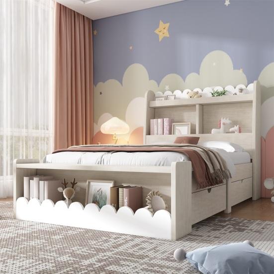 Kids Bed Children Single Storage with Drawers Shelf And Bench Space Wooden Wood 90x200cm Frame Slatted Made of Wood White Oak Color (Without
