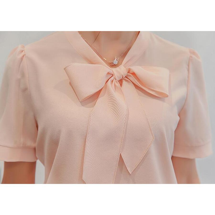 Летняя женская розовая белая шифоновая блузка, модная корейская рубашка с воротником-бабочкой, повседневная офисная рубашка с коротким рукавом, базовый топ