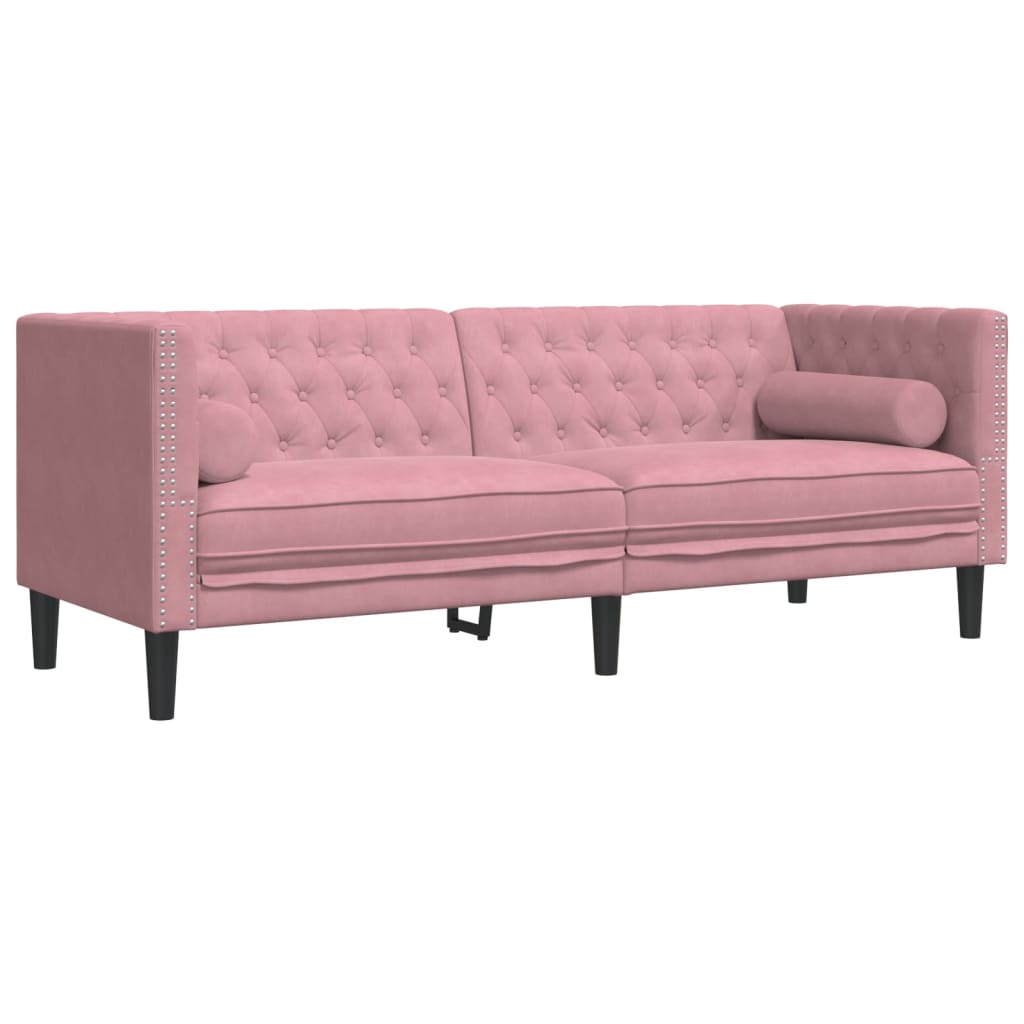 Vidaxl Sofa Chesterfield Z Wałkami, Trzyosobowa, Różowa, Aksamit