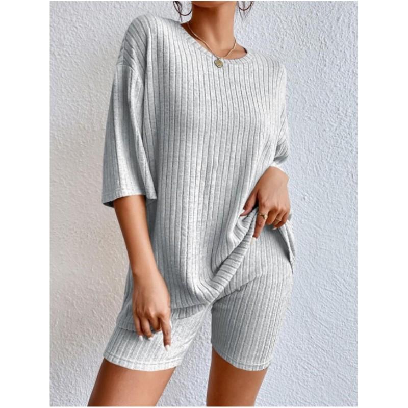 Женский весенне-осенний повседневный комплект однотонного цвета, свободный топ с круглым вырезом + шорты, свежий комплект из двух предметов