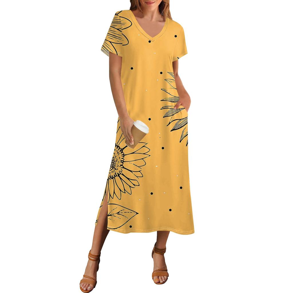 Women's Summer Floral Print Dress Short Sleeve Beach Dress With Pocket Casual V-neck Hem Side Slit Dress