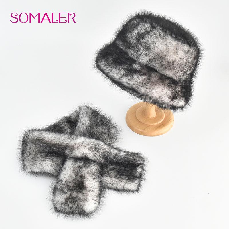 SOMALER Зимняя шапка из искусственного меха, шарф, комплект для женщин и девочек, теплые красочные шапки-ведра с шарфами