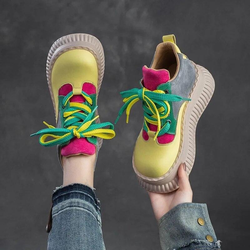 Johnature Туфли из натуральной кожи на плоской платформе, разноцветные туфли на толстой подошве, повседневная женская обувь на повышенной высоте