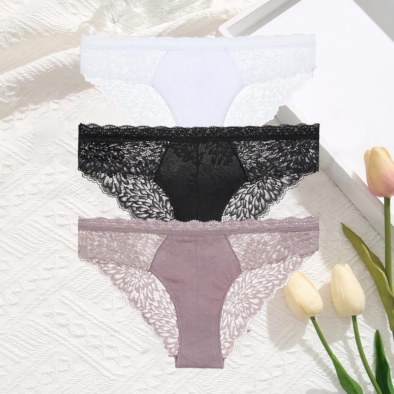 3Pcs/Set Women Sexy Lace Panties Transprant Hollow Out Low Waist Briefs Female Solid Soft Breathable Comfort Underwear Lingerie