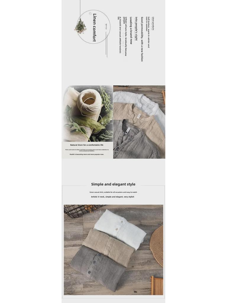 Мужская летняя льняная футболка в стиле ретро с V-образным вырезом — короткий рукав, воротник-стойка, дышащая и легкая