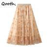 Women Elegant Printed Tulle A-line Skirt Fashion Elastic Waist Midi Flower Mesh Skirt For Spring Summer QT2326