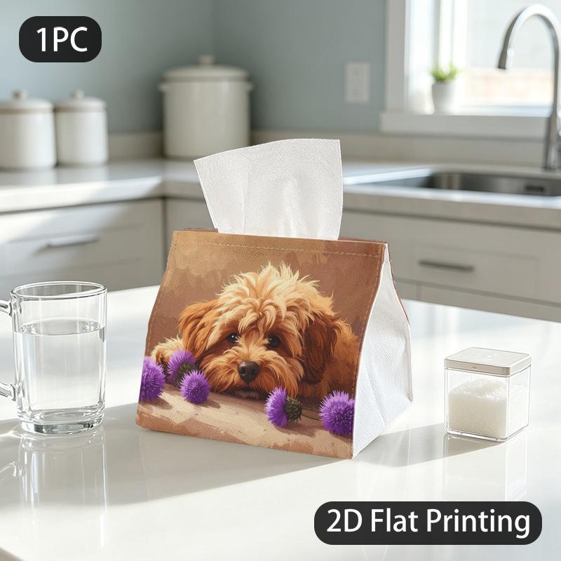 1pc Tissue Box, Painterly Fluffy Dog Purple Flowers Gentle Warmth Pattern, 2D Flat Printing, Multi-Purpose, Machine Washable, Tissue Bag, for Bathroom